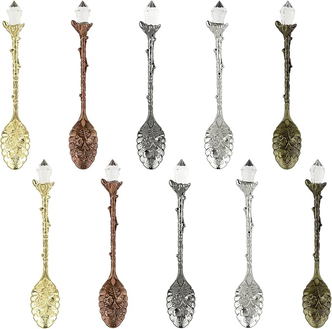 AUEAR, Retro Crystal Antique Alloy Spoon Coffee Tea Dessert Mini Ice Cream Decorative Spoons Set for Home Office (10 Pack)