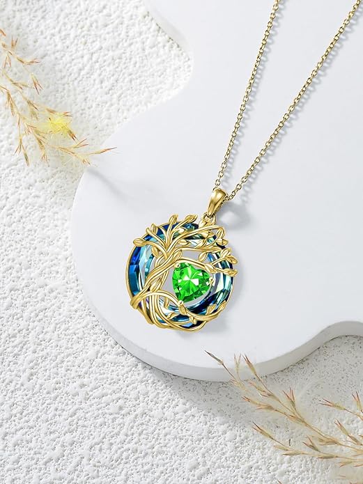 TOUPOP Tree of Life Birthstone Necklace 925 Sterling Silver Pendant Austrian Crystal Jewelry Anniversary Valentine's Day Birthday Gifts for Women Mom Her Wife