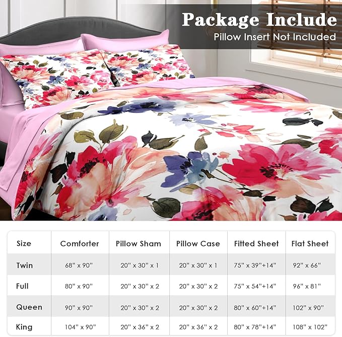 Comforter Set King Size, Flower Floral Leaf 7 Pcs Bedding for Kids and Adults, Painting Summer Spring Bed Sheet Sets with Fitted Sheet 2 Pillowcases & 2 Shams for Bedroom Bed Decor