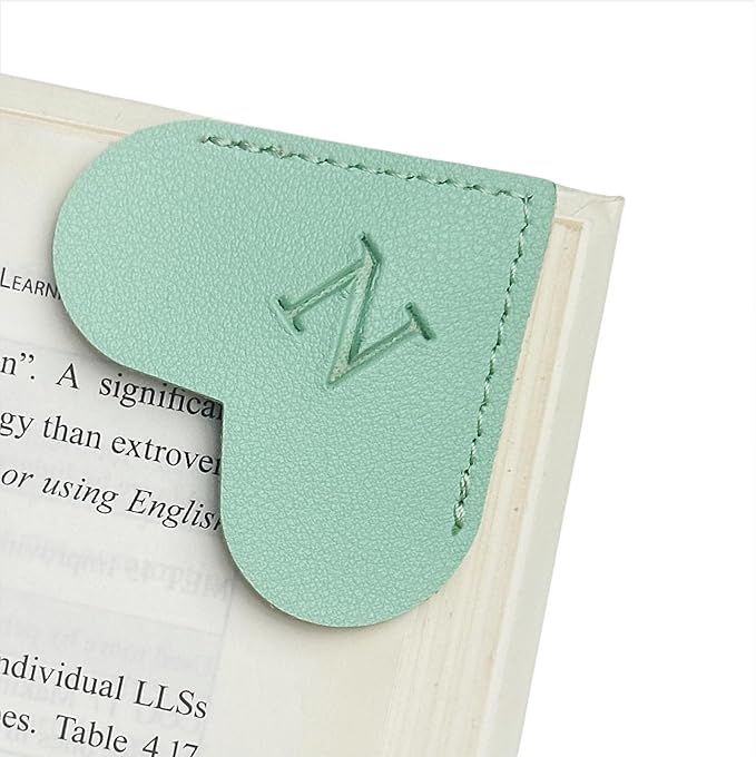 MOTEERLLU Personalized Leather Heart Bookmark with Initial, Cute Letters Custom Corner Book Mark for Reading Women, Teacher, Student, Book Lovers Gifts, Book Accessories (Green, N)