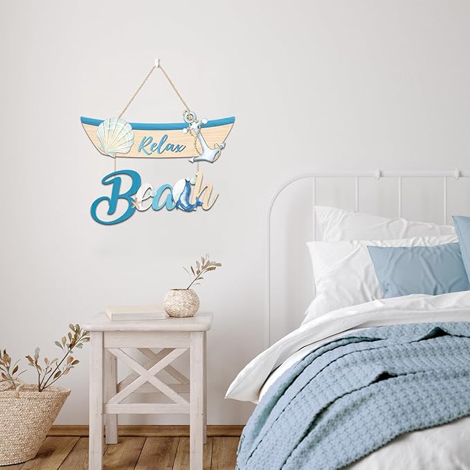 CHDITB Beach Theme Wooden Sign, Nautical Shell Anchor Summer Wooden Hanging Plaque, Relax Beach Front Door Sign Decor, Coastal Boat Beachy Wall Art Sign Hanger For Living Room, Bedroom, Office Coastal Room Decor
