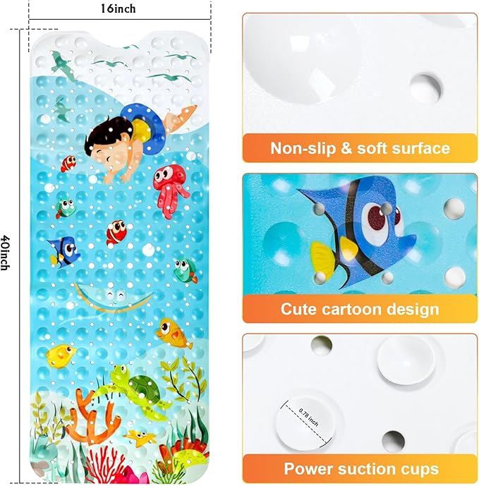 Bath Mat for Tub Non Slip, Machine Washable Anti Slip Cartoon Baby Bathtub Shower Mat with Drain Holes and Suction Cups for Toddler & Kids, 40 Inch x 16 Inch-Rectangular, Swimming Kids