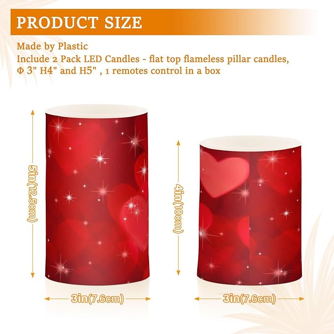 ALAZA Valentines Day Glitter Red Hearts Flickering Flameless Candles Battery Operated with Remote Timer,Tea Light Candles LED Pillar Votive Candles Set of 2 for Outdoor Indoor Decorations