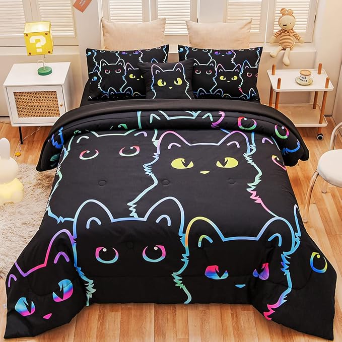 Cute Cat Full Comforter Set with Sheets, Boys Girls Lightweight 6 Pcs Bed in A Bag Full Size Bedding Set for Kids Teens