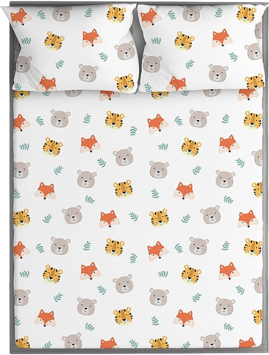 Kids Organic 100% Viscose Derived from Bamboo Sheet Set | Twin or Full Size Fitted Bed Sheets | Oeko-Tex Certified | Cute Toddler Bedding for Girls & Boys Tiger Bear Fox Full