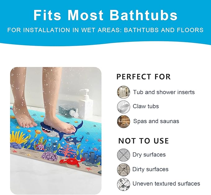 XIYUNTE Baby Bath Mat for Tub Non Slip Kids Bath Mat - 40''x16'' Extra Long Cartoon Bathtub Mat Non Slip Kids Shower Mat Eco-Friendly Toddler Bath Mats with Suction Cups, Machine Washable, Shark