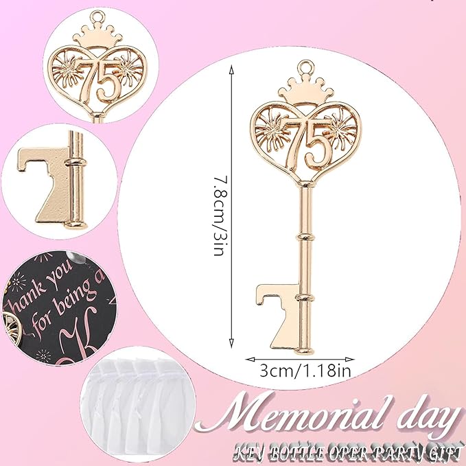 48PCS 75th Birthday Bottle Opener 75 Souvenir Party Supplies Key Opener 75th Baby Birthday Return Gifts Wedding 75th Anniversary Party Decor(48,75th key)