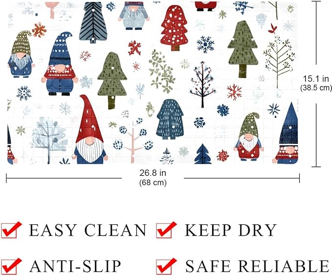 Bath Tub Mat Non Slip 15.1 x 26.8 Inch, Seamless Christmas Gnomes Forest Trees and Snowflakes Eco Friendly Bathmat with Suction Cups Drain Holes Shower Tub Mats