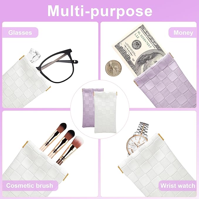 4PCS Small Makeup Bag for Purse, Mini Leather Pocket Cosmetic Bag for Women, Waterproof Portable Makeup Pouch No Zipper Coin Purse Lipstick Bag Accessories, Checkered Travel Storage Bag(White,Purple)