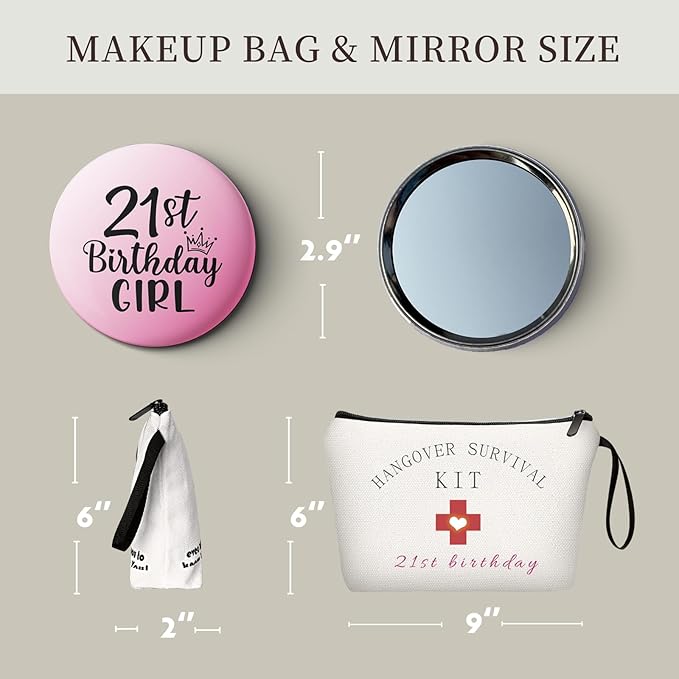 21st Happy Birthday Unique Funny Gifts for Her 21 Year Old Women Sisters Friend Bestie Daughter Cosmetic Bag with Mirror Christmas