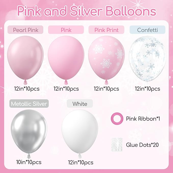 60pcs Snowflake Balloons, Pink and Silver Balloons with Snowflake Confetti Pearl Pink Metallic Silver Balloon for Baby Shower Birthday Party Decorations