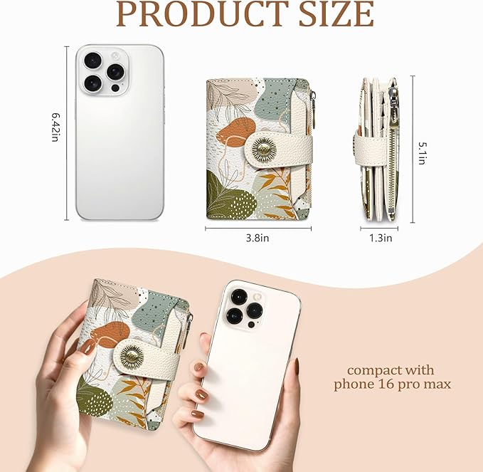 Art Abstrac Boho Small Wallet Women RFID Blocking Bifold, Credit Card Holder, Zipper Coin Pocket, PU Leather, Compact, Travel, 4 ID Window, 14 Card Slots, Cash Purse, Ladies Woman Female Girls