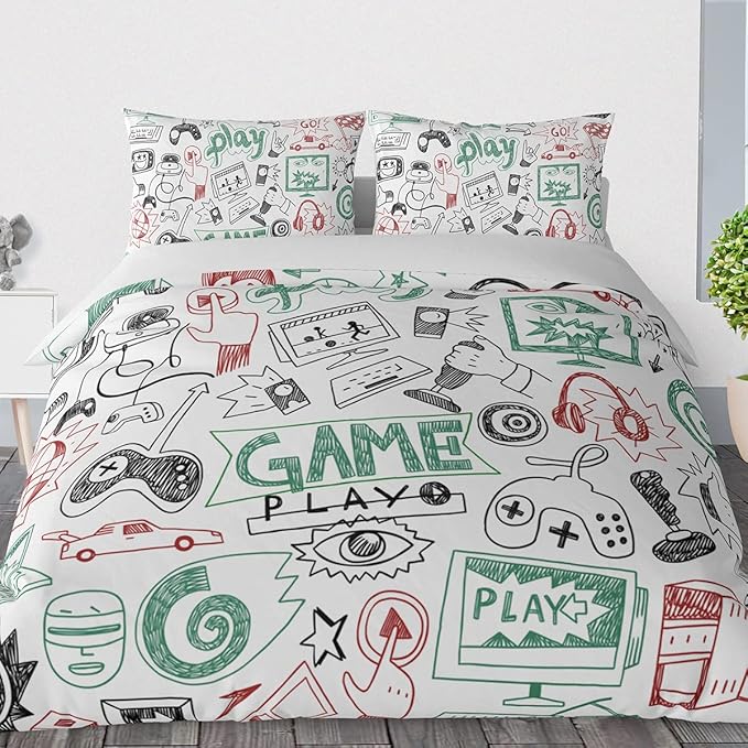 Game Comforter Sets for Boys Teen Twin Size,Kids Video Games Bedding Set Sketch Style Athletic Racing Game Design Bedroom Home Decor