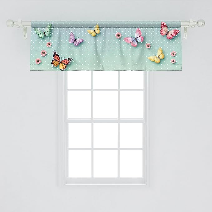 Ambesonne Butterfly Window Valance, Polka Dot Backdrop with Wings of Spring and Blushy Sakura Flowers, Curtain Valance for Kitchen Bedroom Decor with Rod Pocket, 54" X 18", Mint Green and Multicolor