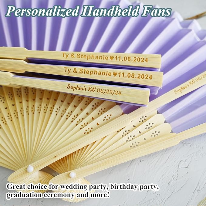 150 Pcs Personalized Purple Wedding Fans for Guests Bulk, Custom Hand Fans Decorative Folding Fans, Wooden Fans Party Favor Birthday Party Supplies Bridal Shower Gifts Baby Shower Favors