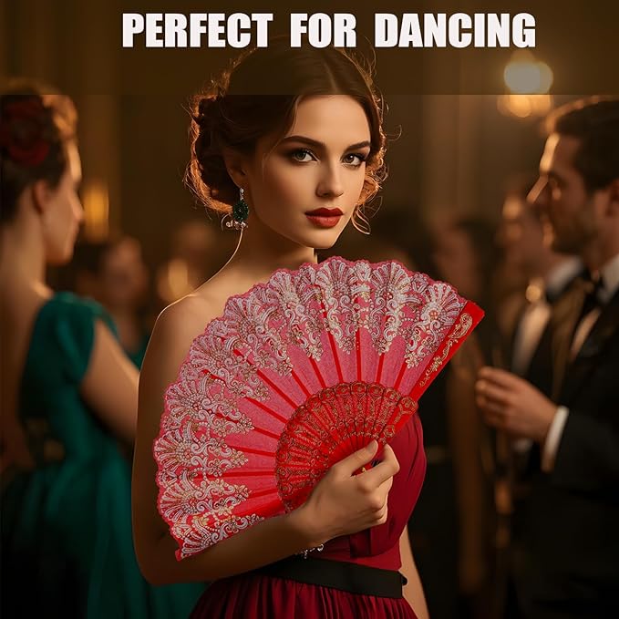 QIRMIZI 30 Pack Folding Handheld Fans, Silk Spanish Fan, Perfect for Weddings, Parties, and Dancing,Red