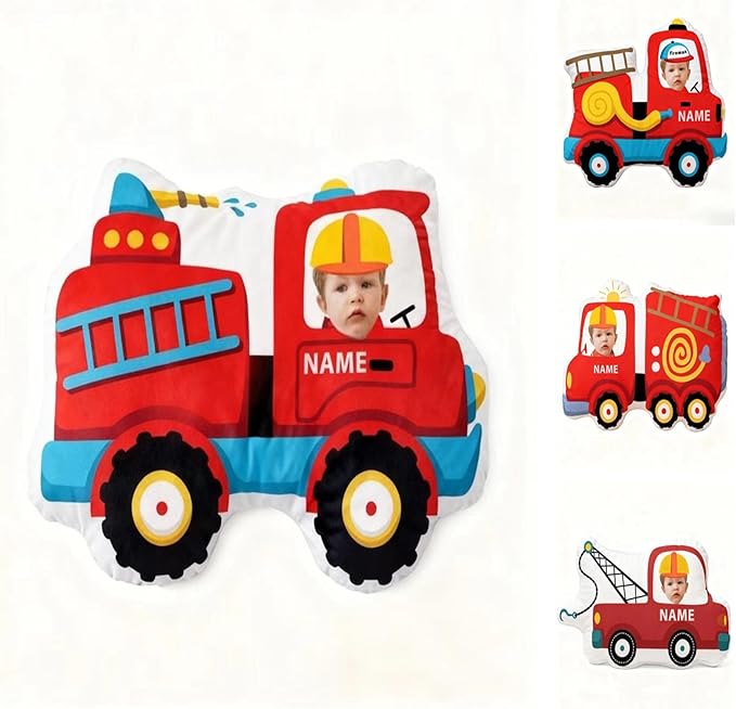 Custom Funny Fire Truck Shaped Pillow with Kids Face and Name Personalized Fire Truck Pillow for Boys Customized Soft Plush Pillow for Room Decor Play Perfect Birthday for Kids