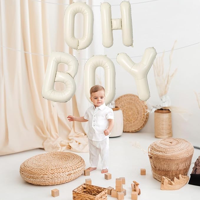 Large Beige Oh Boy Balloons, 40 Inch Cream White Sand OH BOY Balloon Letters with Ribbon, Neutral Ivory Alphabet Oh Boy Balloon for Baby Kid Boys Birthday Baby Shower Gender Reveal Party Decorations