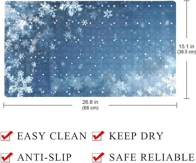 Non Slip Bath Mat for Tub, 15.1 x 26.8 Inch Bathtub Mat Machine Washable Shower Mat with Drain Holes and Suction Cups, Christmas Winter Snowfall White Snowflakes Blue Background