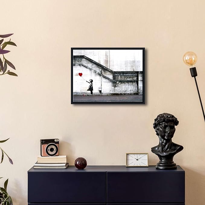 Wieco Art Framed Canvas Wall Art Giclee Canvas Prints of Banksy Grafitti Girl with Red Balloon Abstract Artwork for Wall Decor Home Decorations Black Frame