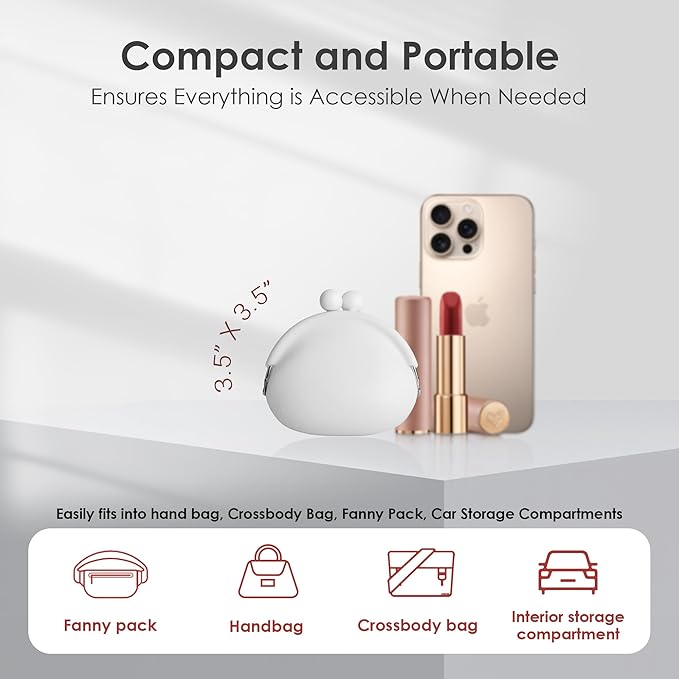 Coin Purse for Women – Silicone Small Coin Pouch with Kiss Lock for Coins, Keys, Lipstick, and Earphones – Mini Cute Change Purse, Coin Purse & Pouch for Daily Life, Cars, Travel, Party (White)