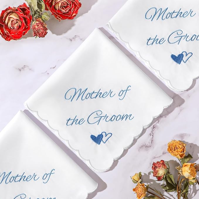 Wedding Handkerchief Something Blue for Bride, Mother Father of the Brides Groom Gifts, Embroidered Happy Tears Cotton Hanky
