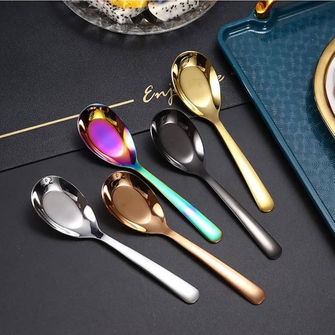 5 PCS Stainless Steel Mirror Finish Soup & Dessert Spoons for Soup, Rice, Tea, Milk, Coffee & Ice Cream（Golden）