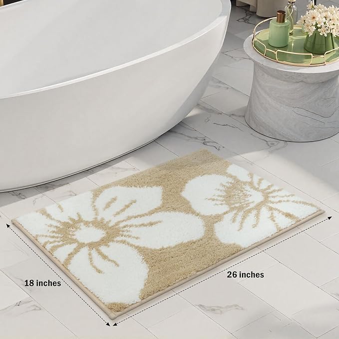 Uphome Bath Mats for Bathroom, 18x26 Modern Floral Bathroom Rug Non Slip, Soft Machine Washable Absorbent Quick Dry Bathroom Mat for Tub, Shower, Floor (Beige)