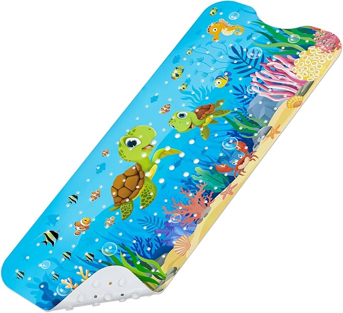 Baby Bath Mat for Tub, Non Slip Kids Bath Shower Mat, 40 X 16 Inch Large Bathtub Mat with Drain Holes and Suction Cups for Toddlers, Machine Washable and Waterproof (Turtle)