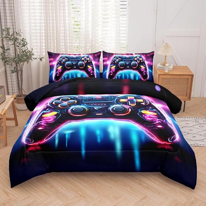 5PCS Gaming Comforter Sets Queen,Gaming Bedding Set for Boys Teens Kids,Game Controller Bed in a Bag with Flat Sheet Fitted Sheet Pillowcase,Queen Comforter Set for Boys