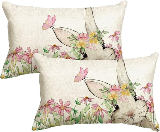 AVOIN colorlife Easter Floral Garland Bunny Throw Pillow Cover, 12 x 20 Inch Spring Rabbit Holiday Cushion Case Decoration for Sofa Couch Set of 2