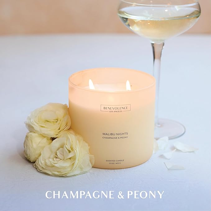 Champagne & Peony – Benevolence LA Large 3-Wick Scented Candle for Home | 15oz, 50-Hour Burn | Natural Soy Wax, Cotton Wicks | Gift Ideas for Women | Malibu Sands Collection