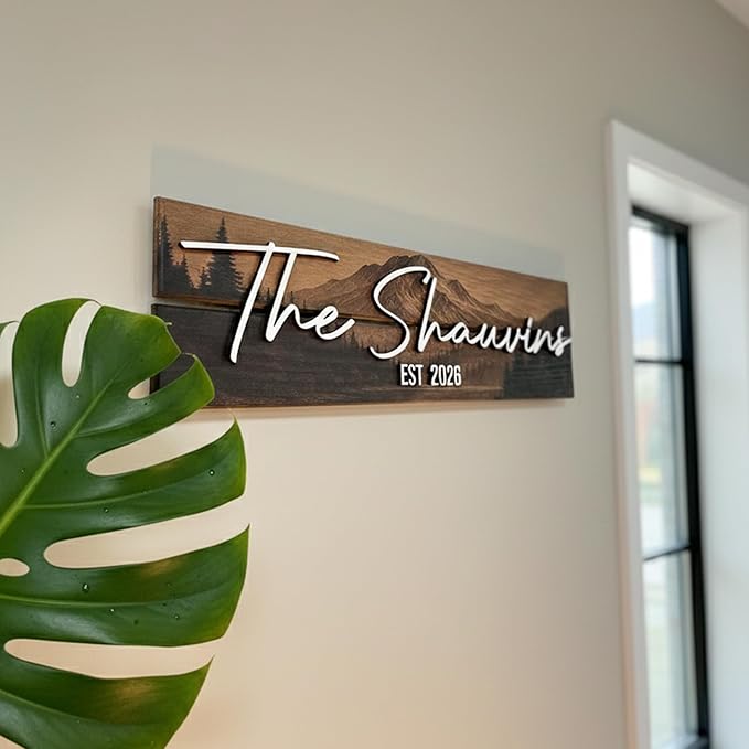 Custom Mountain Family Name Sign - Rustic Wood Wall Decor, Personalized Wedding & Gift for Couples Anniversary, Housewarming Gift for New Home (Small)