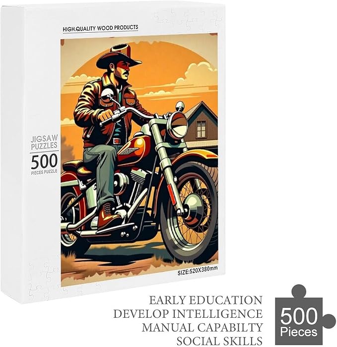 Old Man Old Motorcycle and Old House Wooden Puzzle 500 Pieces Jigsaw Puzzles for Adults Puzzle Educational Toys Challenging Fun Games Gifts for Elders Kids Family and Friends