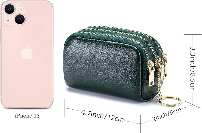 LINNO 3 Zippered Genuine Leather Coin Purse Triple Capacity Change Pouch Little Travel Wallet With Key Ring for Women