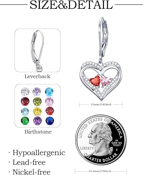 Heart Leverback Earrings Double Birthstone Dangle Earrings for Women, Love Jewelry for Her, Christmas Gifts for Women, Anniversary Birthday Gift for Mom Wife Girlfriend