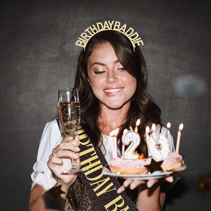 Canitor Birthday Baddie Sash Crown Set Birthday Gifts Party Favors Supplies Decorations & Accessories for Women Girl Adult Dress Outfits Rhinestone Tiara Headband Soft Satin Sash