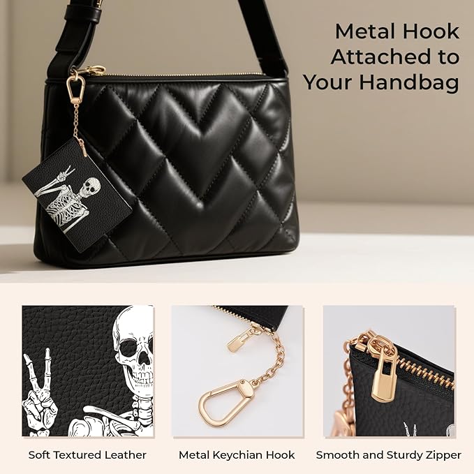 Funny Skull Skeleton Keychain Coin Purse for Women, Small PU Leather Change Pouch, Zipper Little Tiny Travel Wallet for Girls, Cute Kawaii Zip Pocket Coin Holder with Key Ring