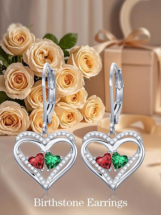 Heart Leverback Earrings Double Birthstone Dangle Earrings for Women, Love Jewelry for Her, Christmas Gifts for Women, Anniversary Birthday Gift for Mom Wife Girlfriend