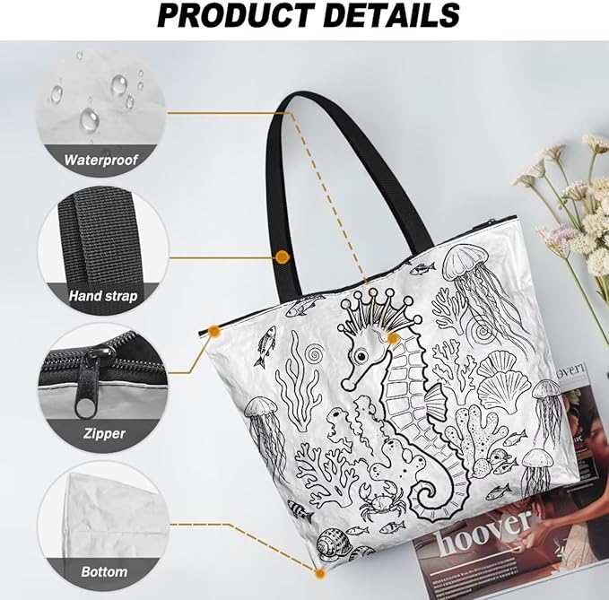 Cartoon Animal Printed DIY Coloring Tote Bag Waterproof Paper Handbags for Women Large Travel Shoulder Bags Purses