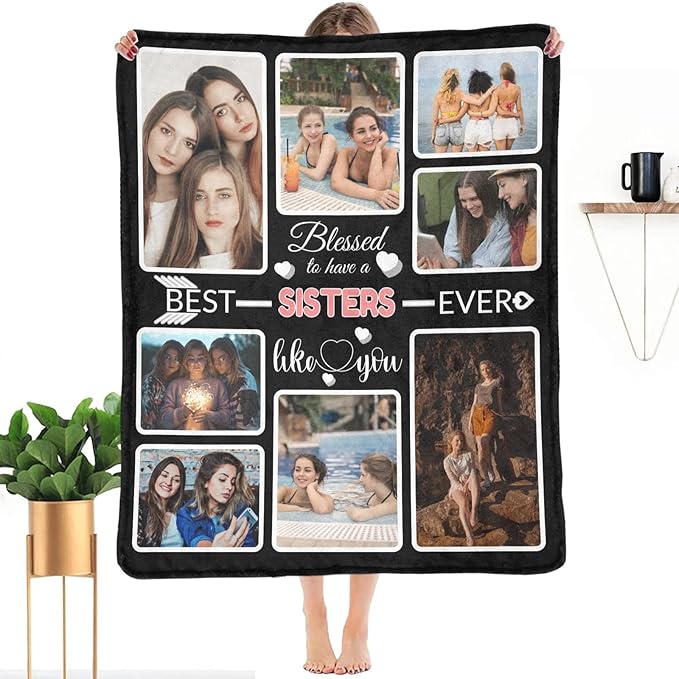 Custom Blanket Gifts with Photos, Personalized Bed Throws for Sisters, Custom Souvenir Throw Blanket for Best Sisters, 8 Collages Made in USA