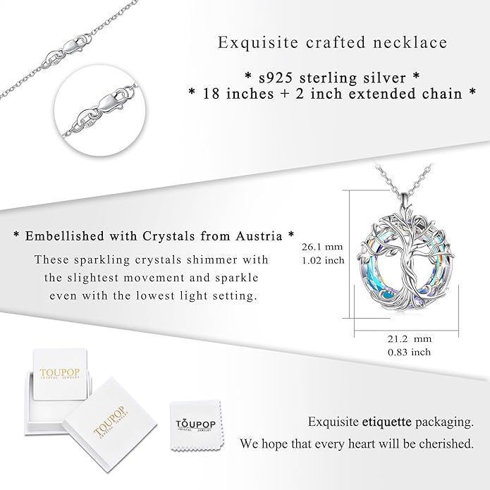 TOUPOP Tree of Life Necklace 925 Sterling Silver Family Tree Pendant Austrian Crystal Jewelry Valentines Day Birthday Gifts for Women Mom Wife Her