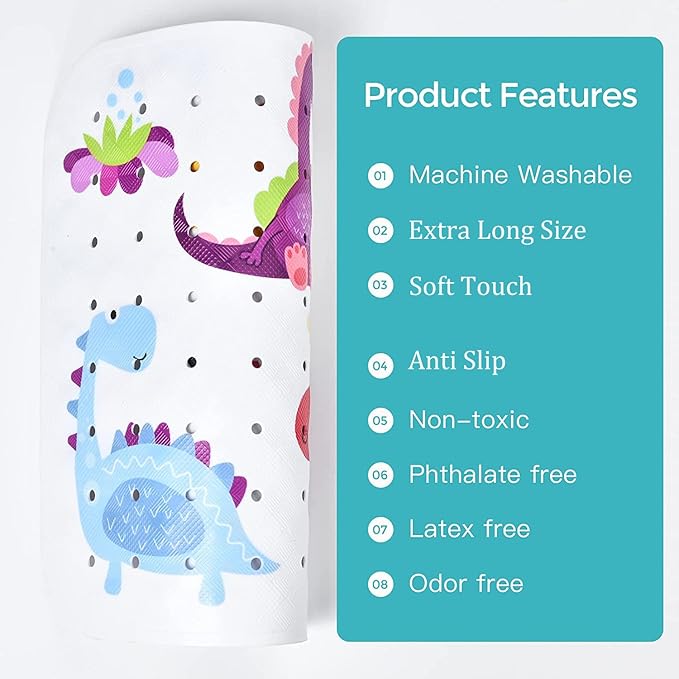 Bath Mat for Tub for Kids Dinosaur Non Slip Bathtub Mat for Baby Toddler 40X16 Inch Long Anti Skid Bathroom Shower Mat with Suction Cups & Drain Holes