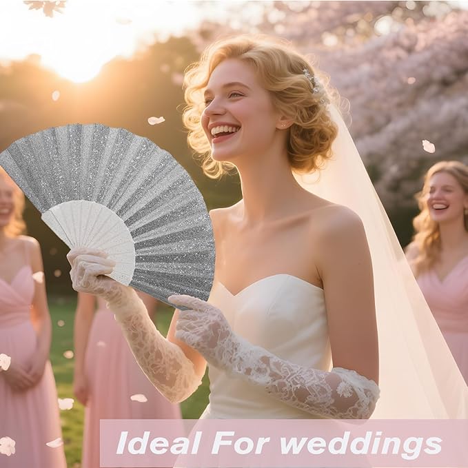 48 Pack Handheld Fan,Folding Hand Glitter fan with Shining Transparent Fan Rib – Ideal for Wedding, Church, Festival, Dance, Tea Party, Club, and EDM Accessories, Silvery