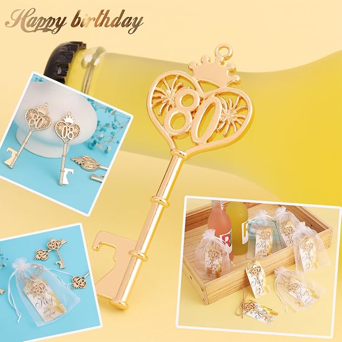 24 Sets 80 Birthday Party Favors Key Bottle Opener, 80th Beer Opener Keychain Favors for Guest with Organza Bags and Tags,Beer Keychain Bottle Openers for Birthday Party Decoration Supplies (gold-80)
