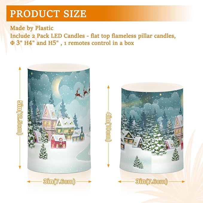 ALAZA Santa Reindeer Winter Christmas Scene Snow Flickering Flameless Candles Battery Operated with Remote Timer,Tea Light Candles LED Pillar Votive Candles Set of 2 for Outdoor Indoor Decorations
