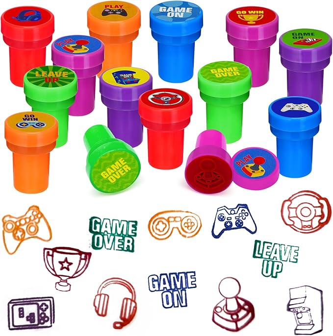 Cinrobiye 24 PCS Video Game Party Stampers，Gamer Birthday Party Favors for Boys Girls, Classroom Rewards, Carnival Prizes, Goodie Bag & Pinata Fillers, Game On Party Supplies