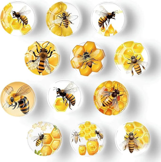 12Pcs Glass Refrigerator Magnets - Fridge Magnets Decoration for Classroom, Locker, Office Whiteboards, Cabinet, Dishwasher and Magnetic Surfaces (Bees)
