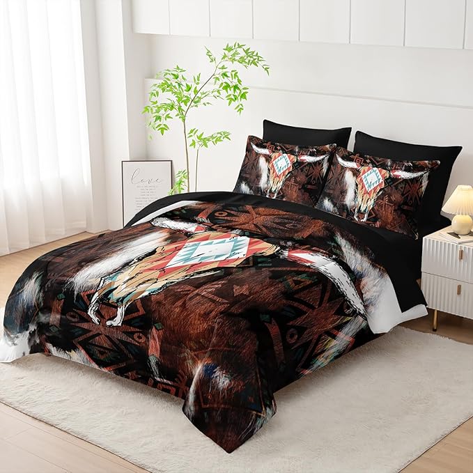 AILONEN Bull Skull Comforter Set Queen Size,7-Piece Cattle Cowhide Cow Print Bed in a Bag,Western Cowboy Comforter & Fitted Sheet with Flat Sheet & 2 Pillowcases,2 Pillow Shams for Bedroom