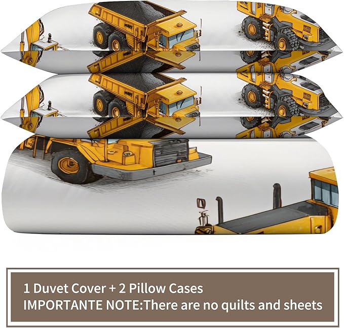 Construction Vehicles Duvet Cover Twin Size Tractor Excavator Dump Truck Bedding Set Boys’ Construction Vehicle Comforter Set Cartoon Mechanical Car Comforter Cover With Pillowcases for Bedroom